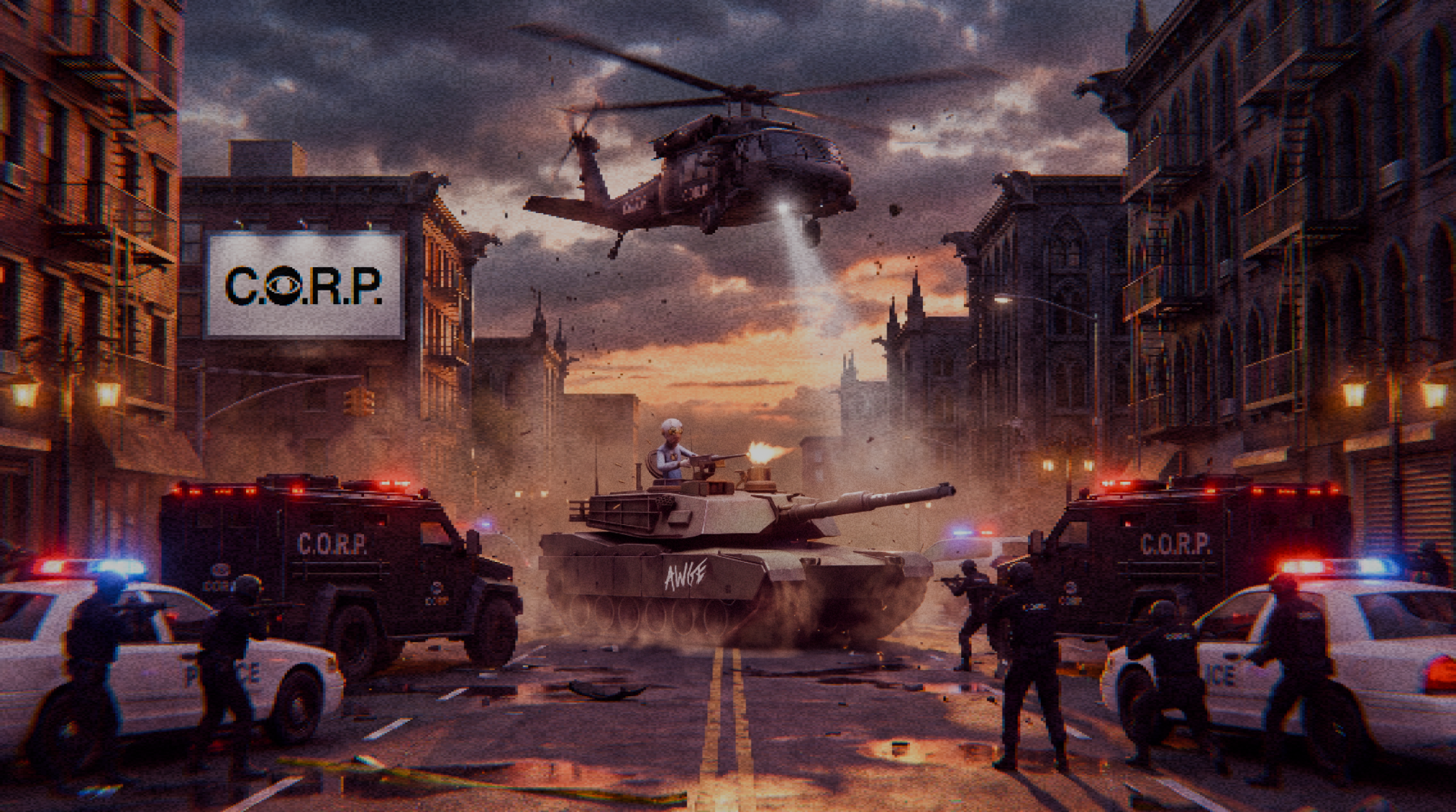 Dummy’s tank surrounded by the C.O.R.P. response in the full-width streets of GRIM CITY
